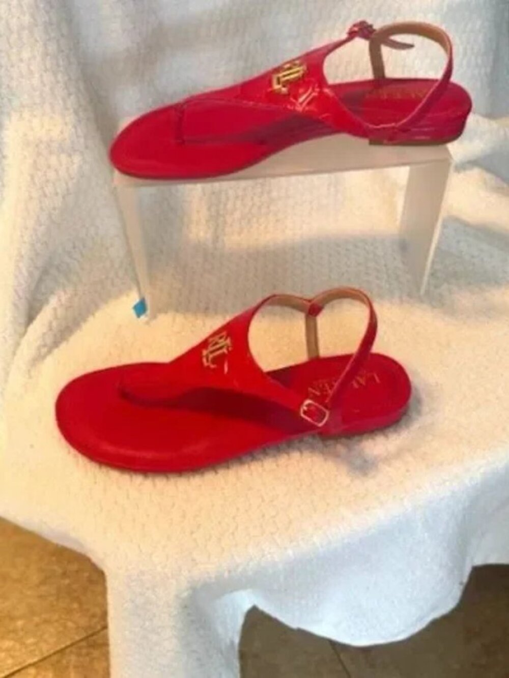 Lauren Ralph Lauren Ellington Pink Embossed Leather Sandals Sz 7 EUC